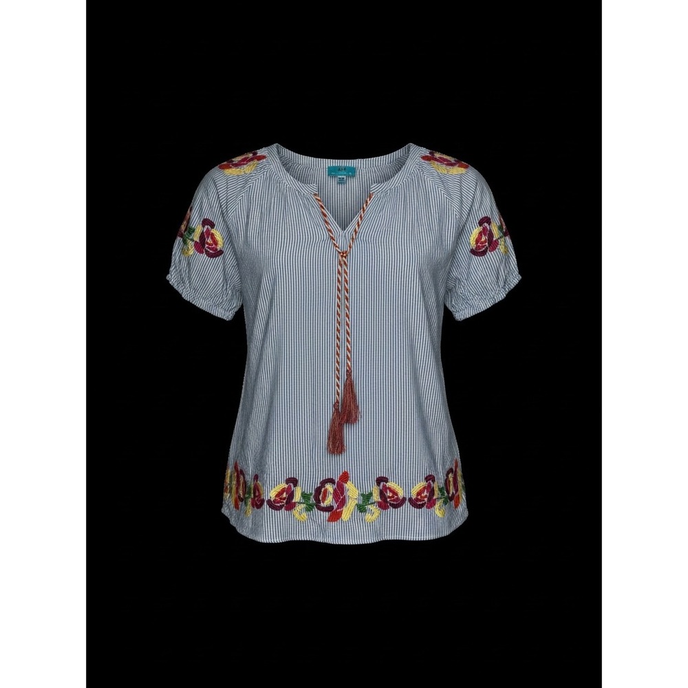 South Main Blue White Seersucker Floral Embroidered Tassel Peasant Blouse XXL